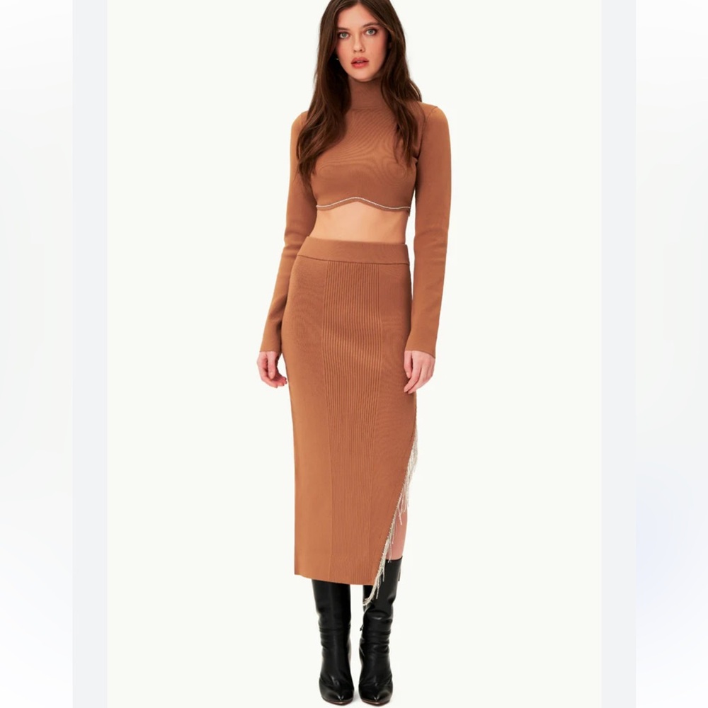 NICHOLAS Tan Midi Skirt with Side Slit and crop top Set